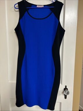 Love ANDREA XL Blue and Black Colorblock Midi Sheath Dress